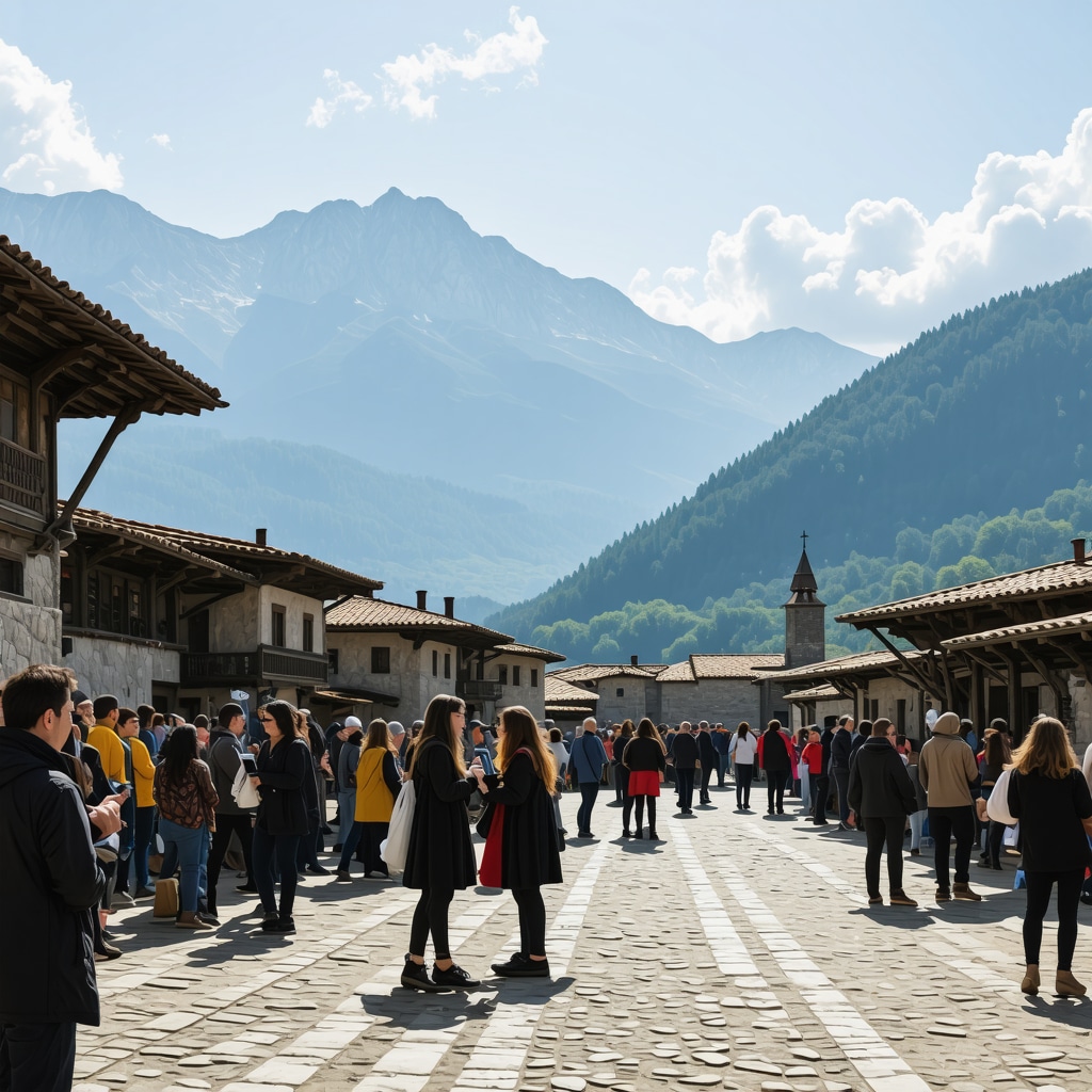 Traditional Balkan village with tourists using augmented reality devices to explore cultural legends