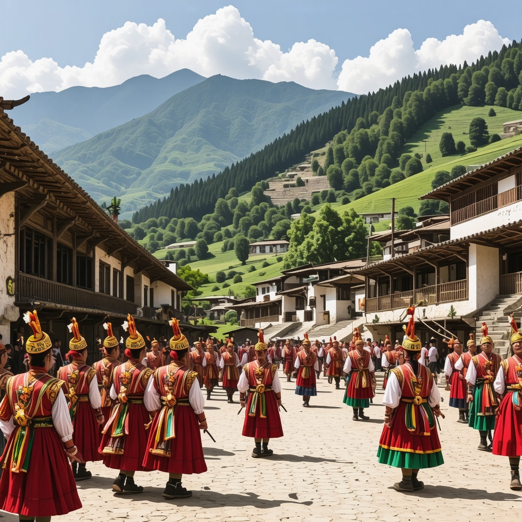 Panoramic image showing Berane's mountains with traditional festival and digital cultural preservation symbols