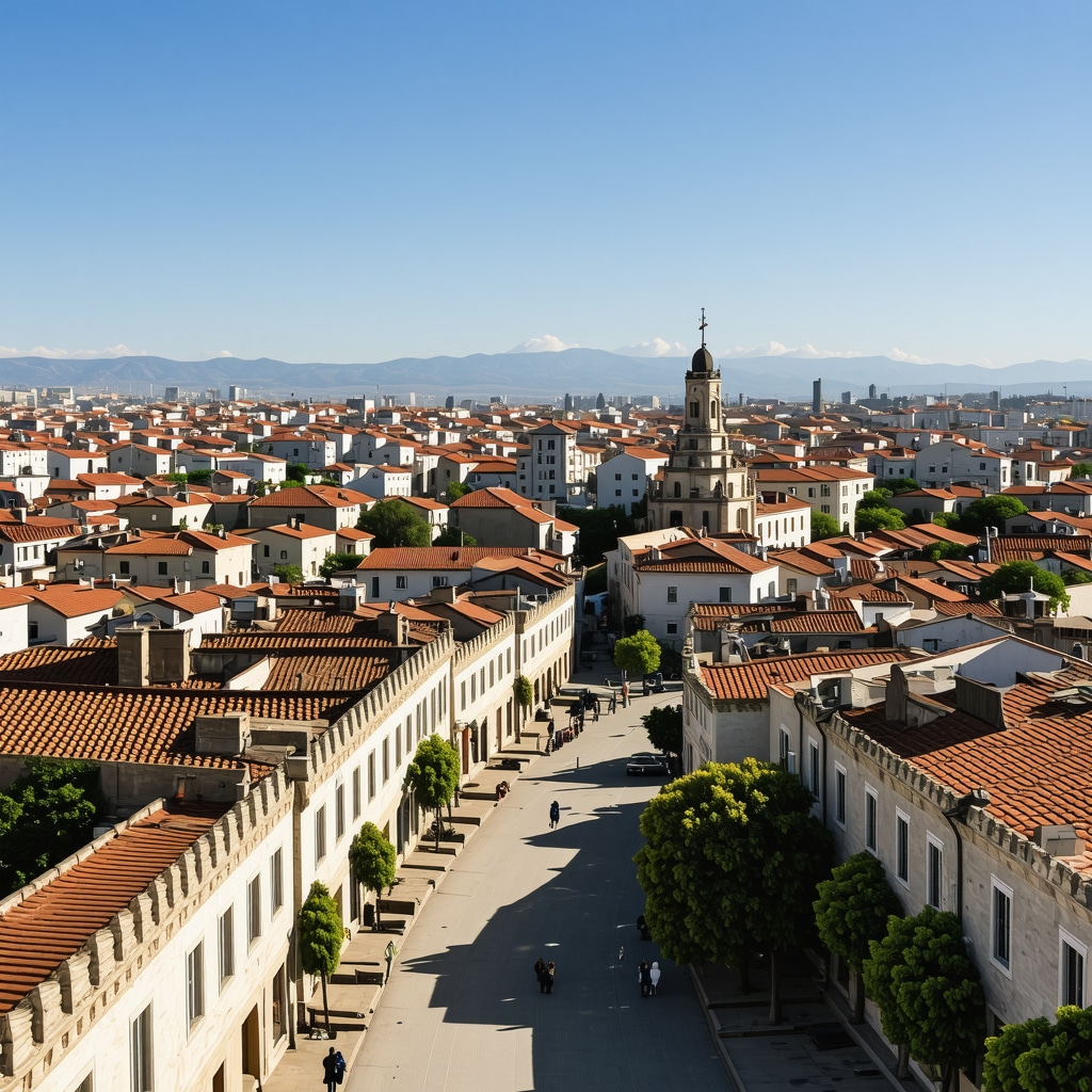 Panoramic view of Bitola city combining historic buildings and modern digital art installations