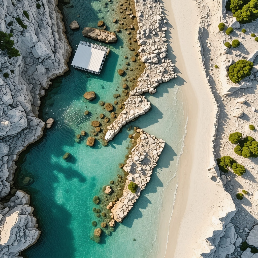 Aerial panorama of Brač island highlighting quarries, artisan stone workshops, and modern culinary activities