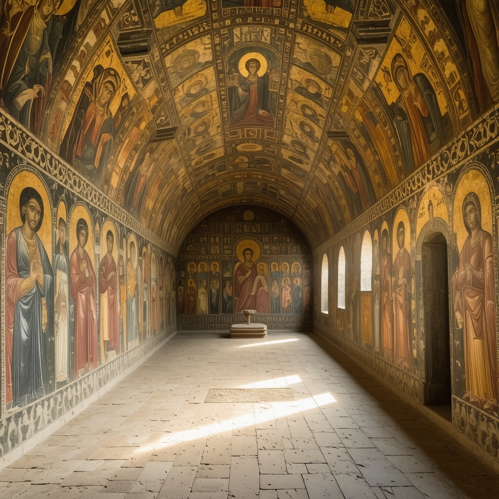 Detailed Byzantine frescoes illuminated by soft light inside Gracanica Monastery