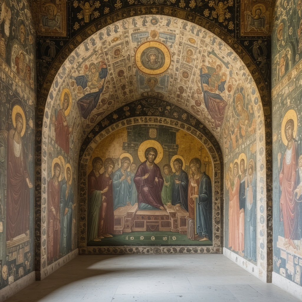 Detailed Byzantine frescoes with vibrant colors inside Gracanica Monastery