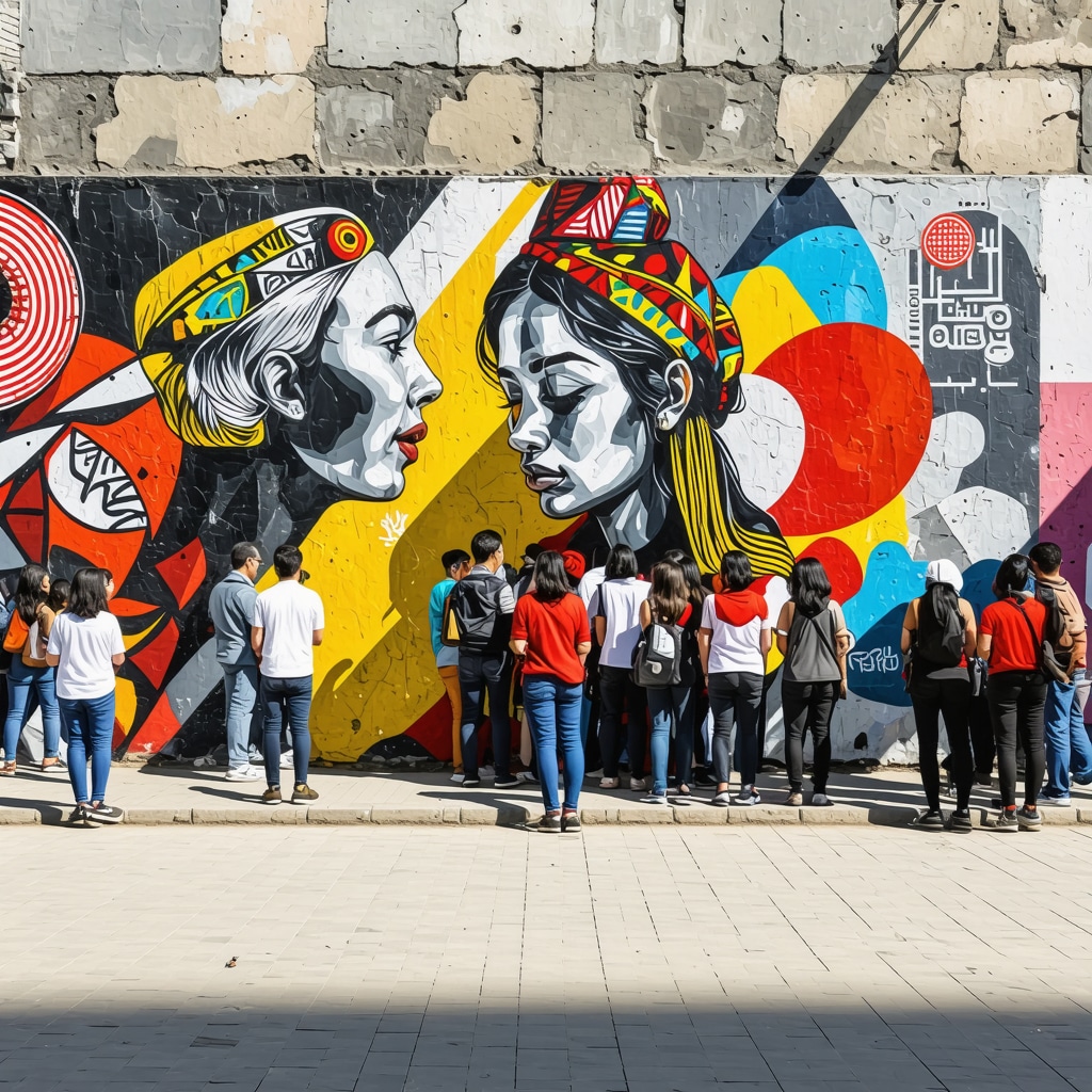 Vibrant street art mural with traditional Albanian and modern graffiti elements in Tirana