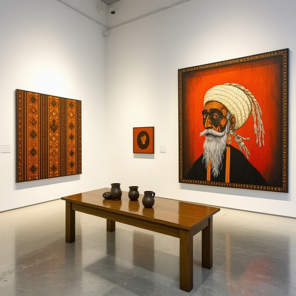 Interior of a contemporary art gallery in Bitola with mixed media Balkan-inspired installations
