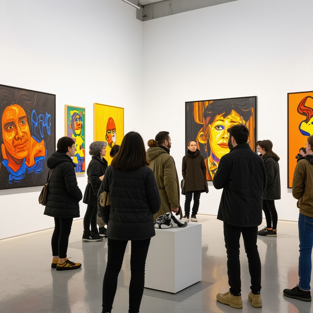 Interior view of a contemporary art gallery in Skopje featuring Balkan experimental artworks and visitors