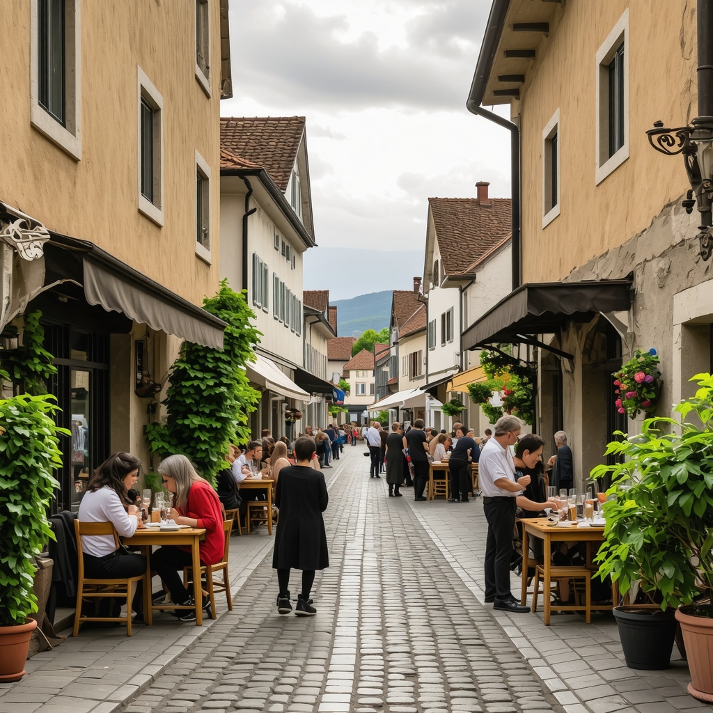 Medieval street in Ptuj with people enjoying local cuisine and wine outdoors