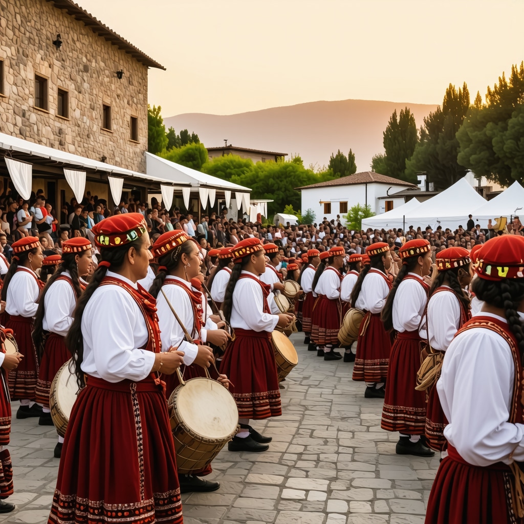 Traditional festival with music and crafts in Berat city with historic houses in background