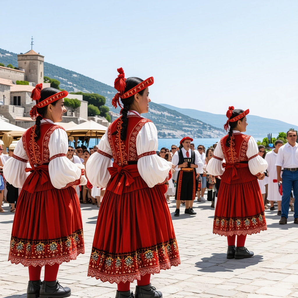 Locals in traditional costumes celebrating cultural festival near Venetian fortress overlooking Adriatic Sea in Herceg Novi
