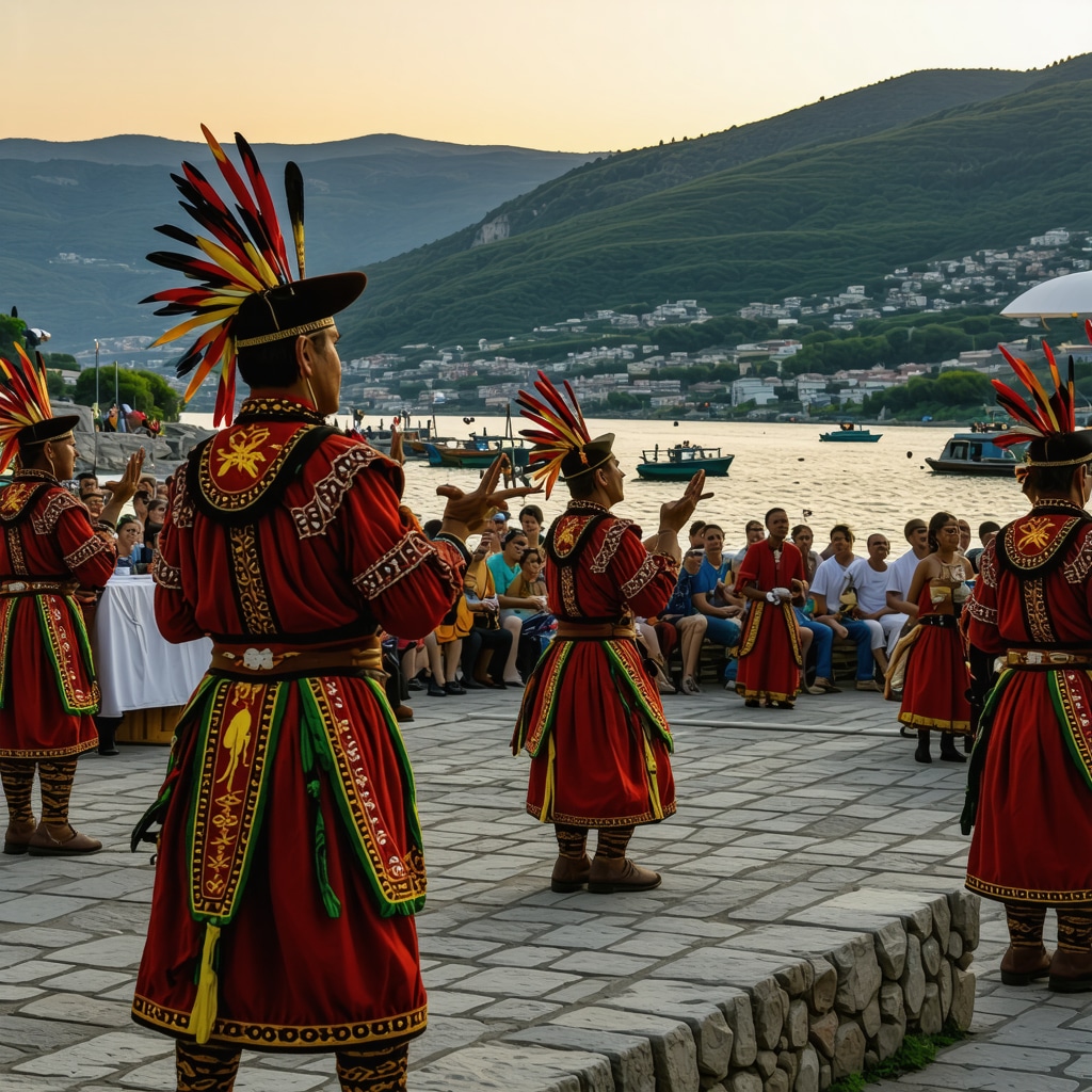 Summer festival in Struga featuring traditional Macedonian costumes and digital art installations by Lake Ohrid