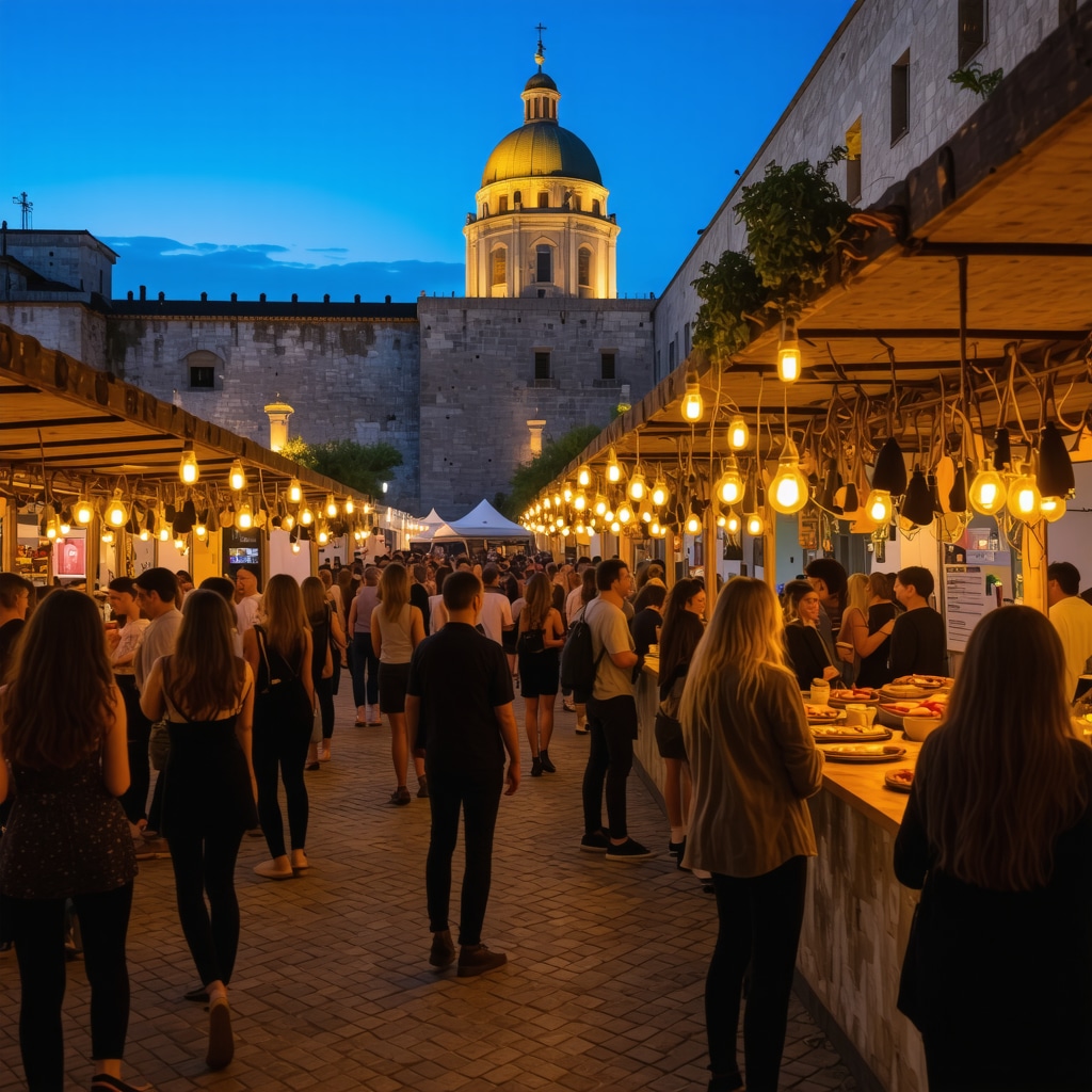 Evening cultural festival in Thessaloniki showcasing digital art installations and historic Byzantine buildings with sustainable food stalls