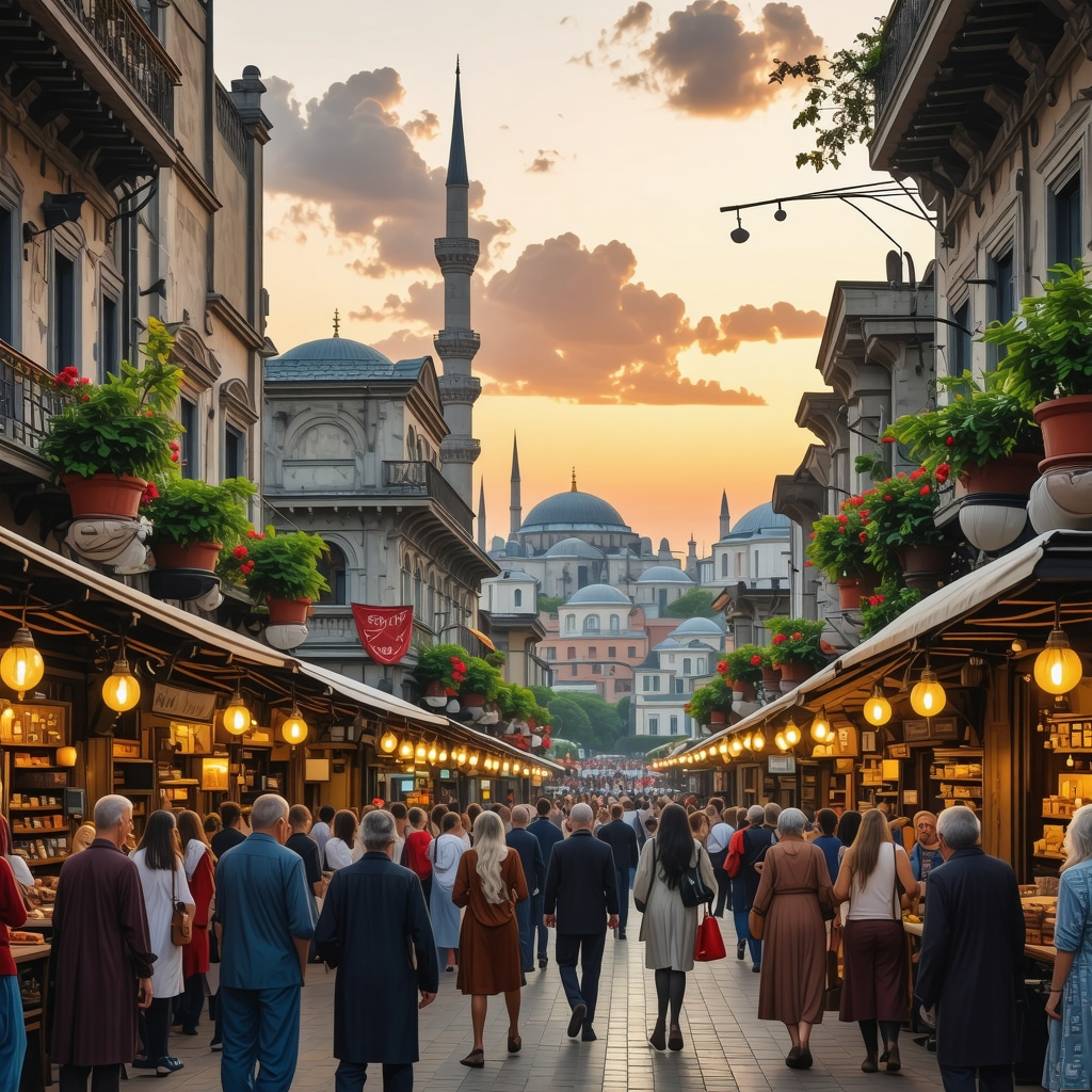 A vibrant street in Istanbul showing Ottoman architecture alongside modern art galleries and lively bazaars