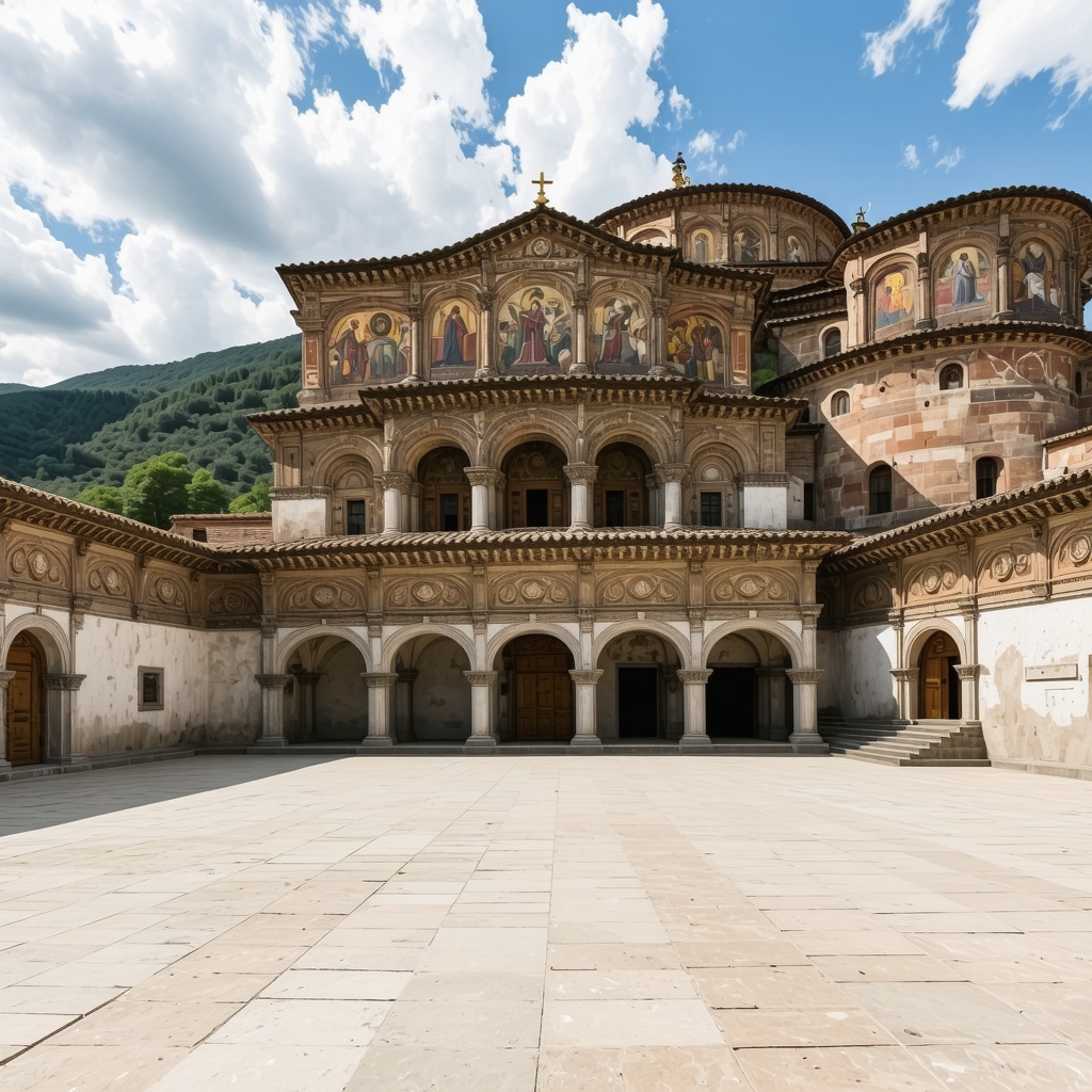 3D digital rendering of Rila Monastery with augmented reality elements representing heritage conservation technologies