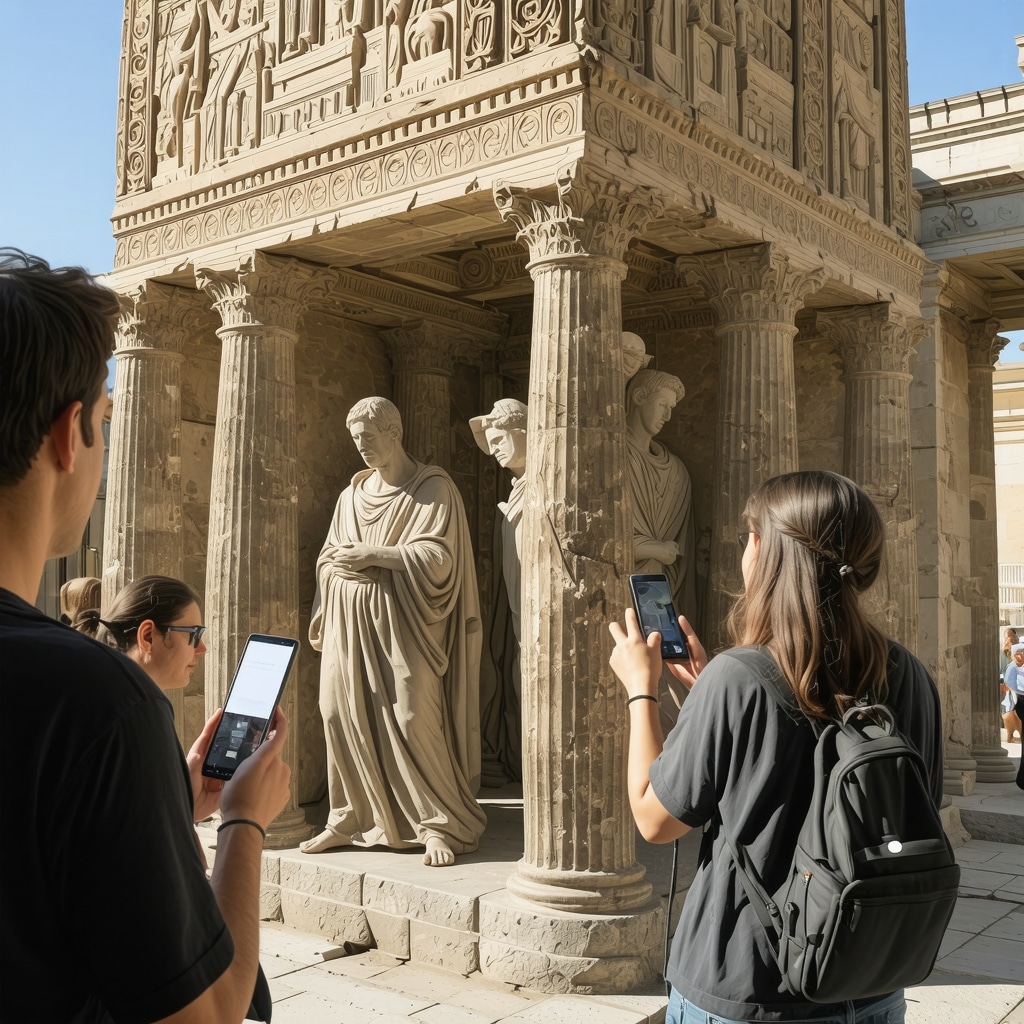 Interactive digital 3D model and augmented reality overlay on a Byzantine monument in Thessaloniki with tourists engaging