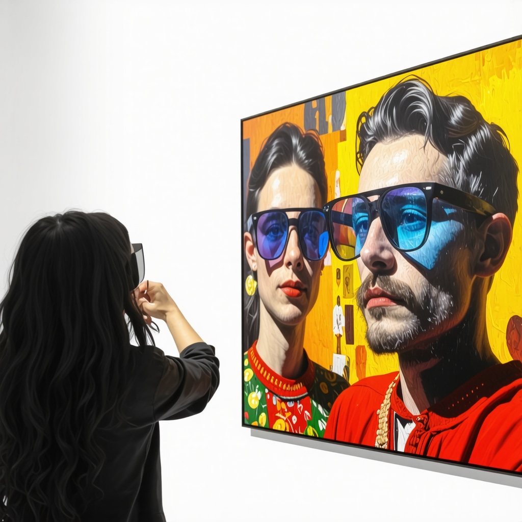 Visitors engaging with augmented reality art installations combining traditional Romanian motifs and digital technology in a Bucharest gallery