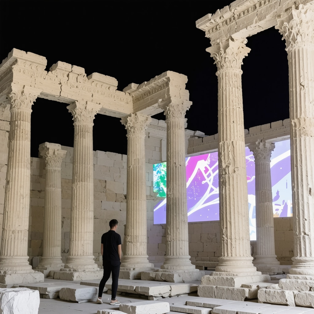 Augmented reality digital art projections on historic stone buildings in Athens at night