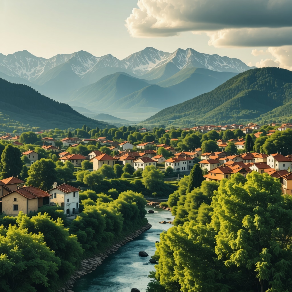 Digital augmented reality interface overlaying traditional village and natural landscape in Berane, Montenegro