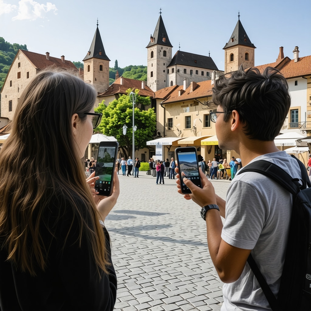 Tourists using augmented reality devices in medieval Sighișoara with digital overlays highlighting AI-driven cultural experiences