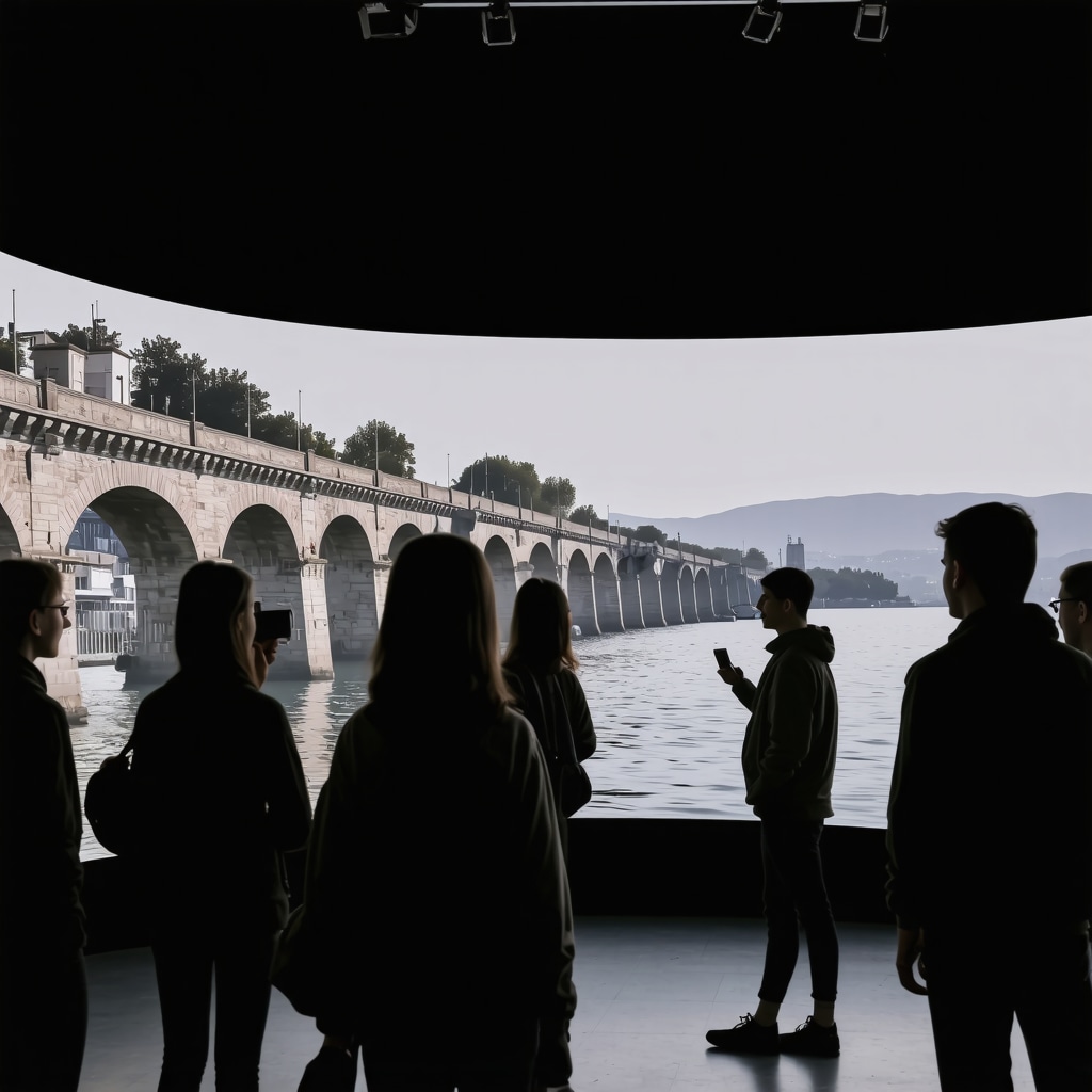 Young visitors interacting with augmented reality exhibit about Mehmed Paša Sokolović Bridge in Višegrad