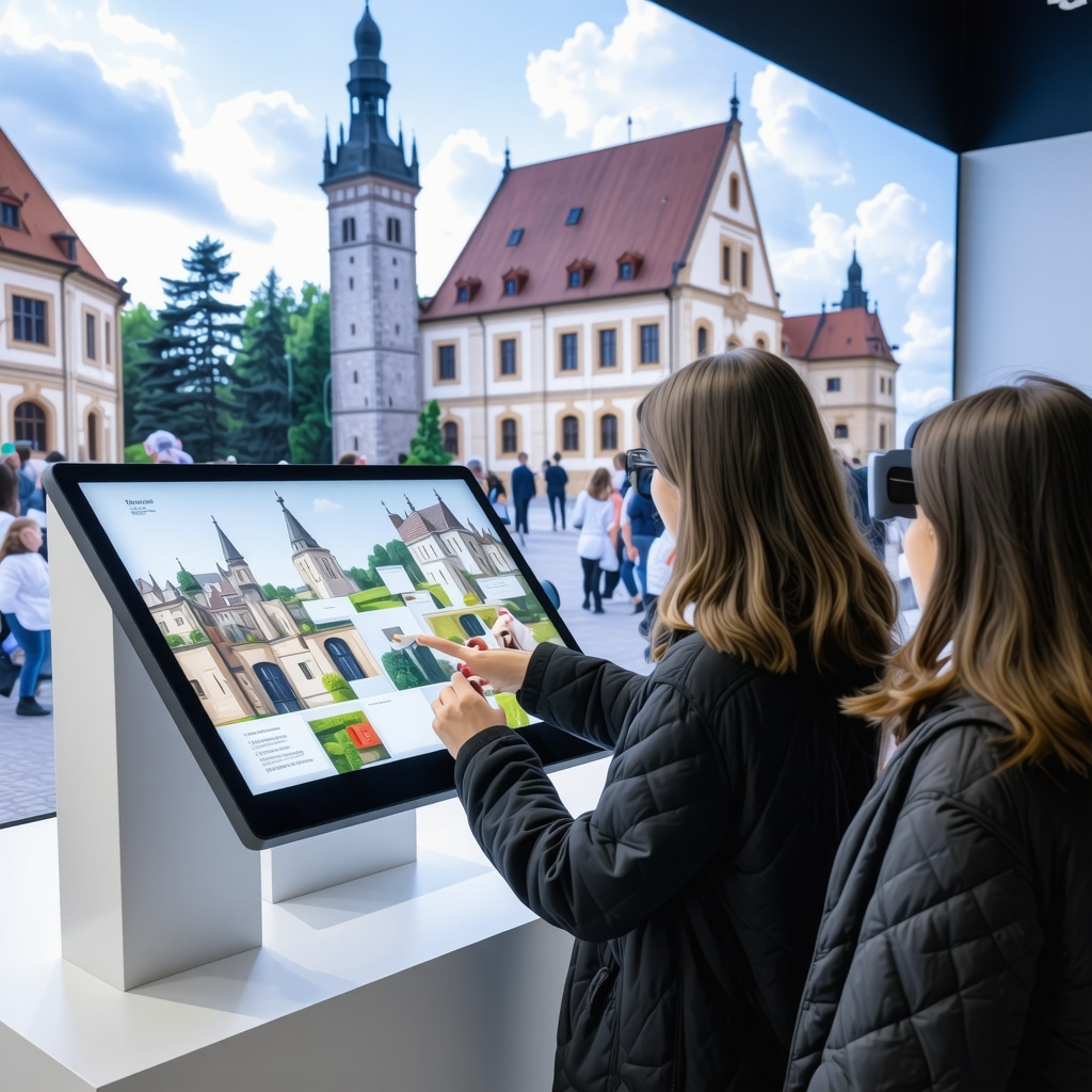 Visitors using augmented reality and touchscreens to explore German cultural heritage in Subotica