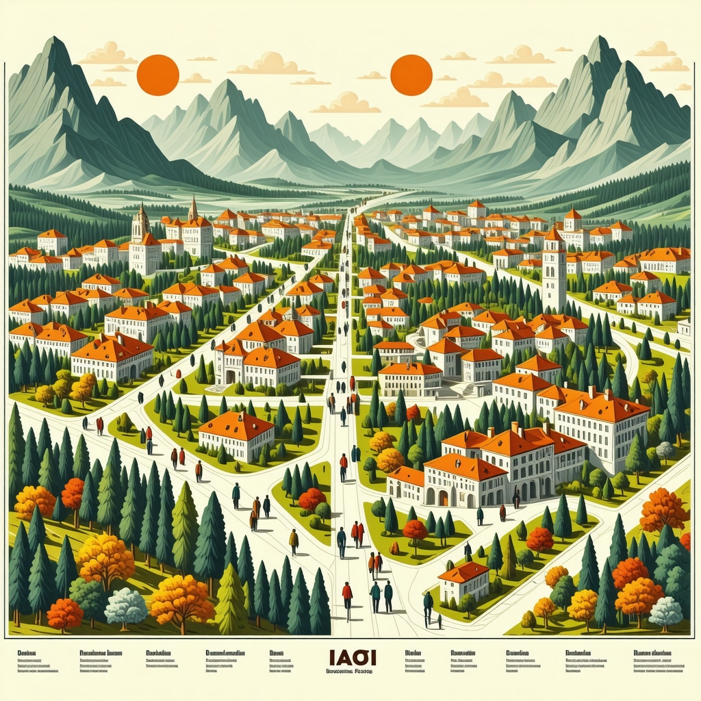Futuristic digital map with augmented reality elements highlighting Iași's cultural and culinary landmarks