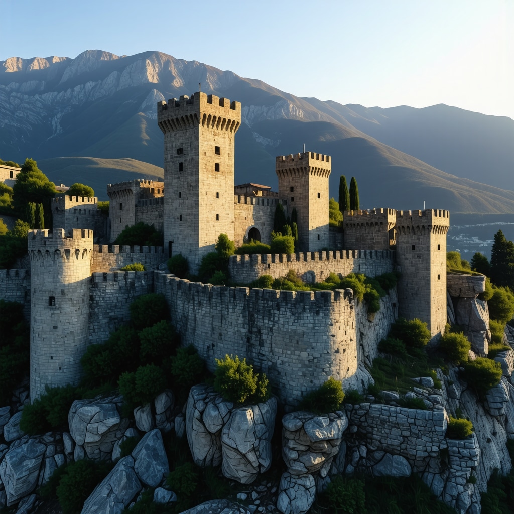 3D digital model of Kruja Castle with AR elements illustrating historical features and battles in a mountainous landscape at sunset