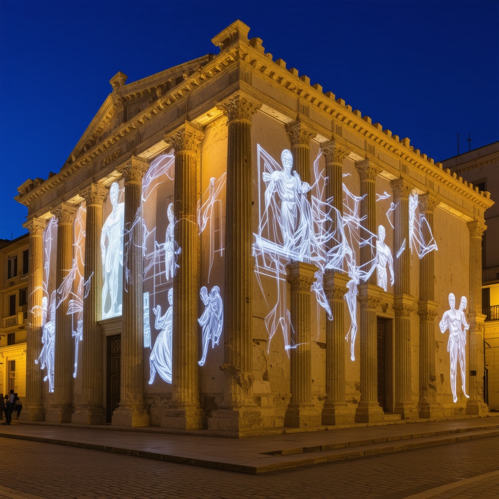 Digital projections of street art on ancient buildings in Athens blending tradition and technology