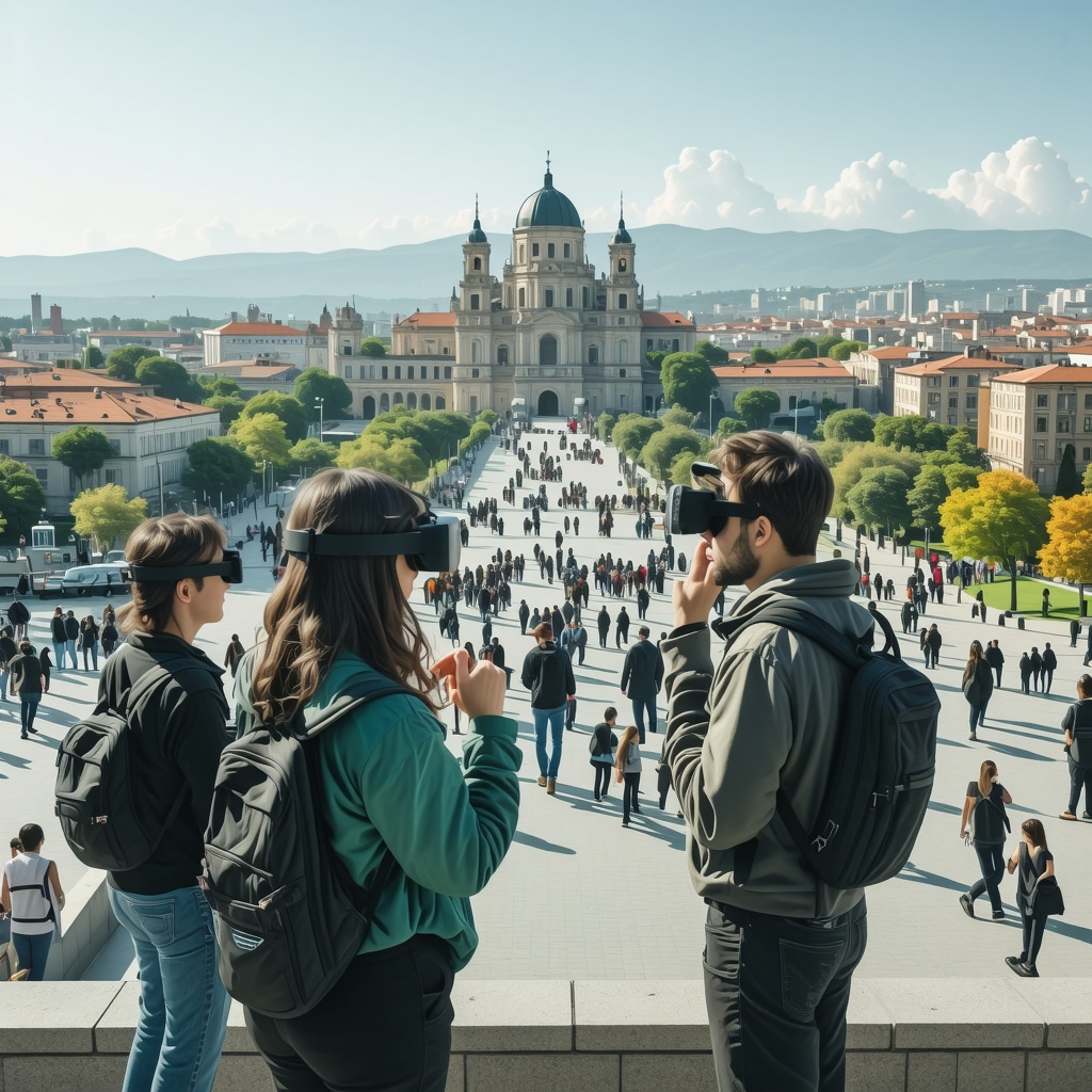 Tourists using augmented reality technology to explore Pristina's historical landmarks with smart city and green infrastructure elements.