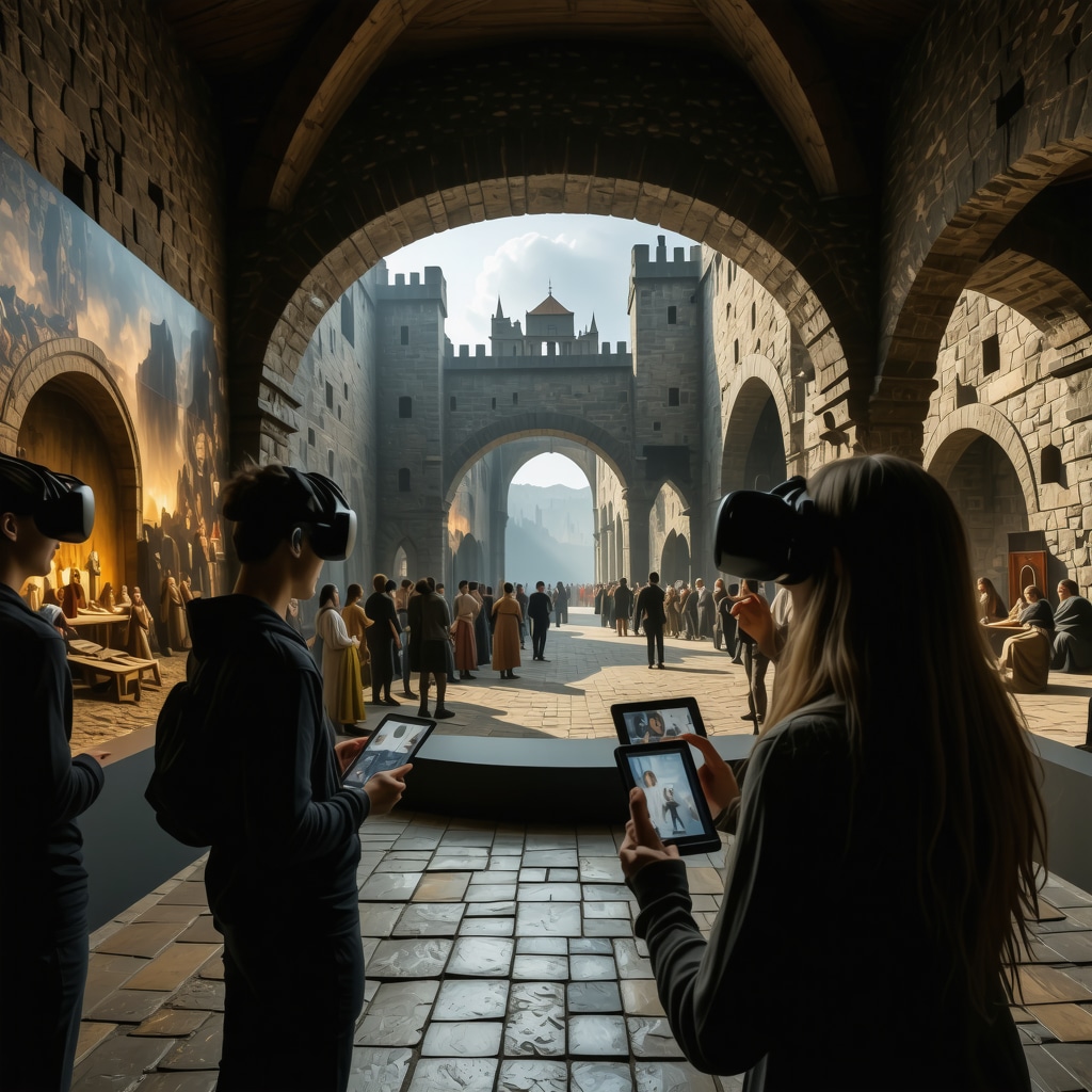 Visitors interacting with augmented reality displays inside Ptuj medieval castle
