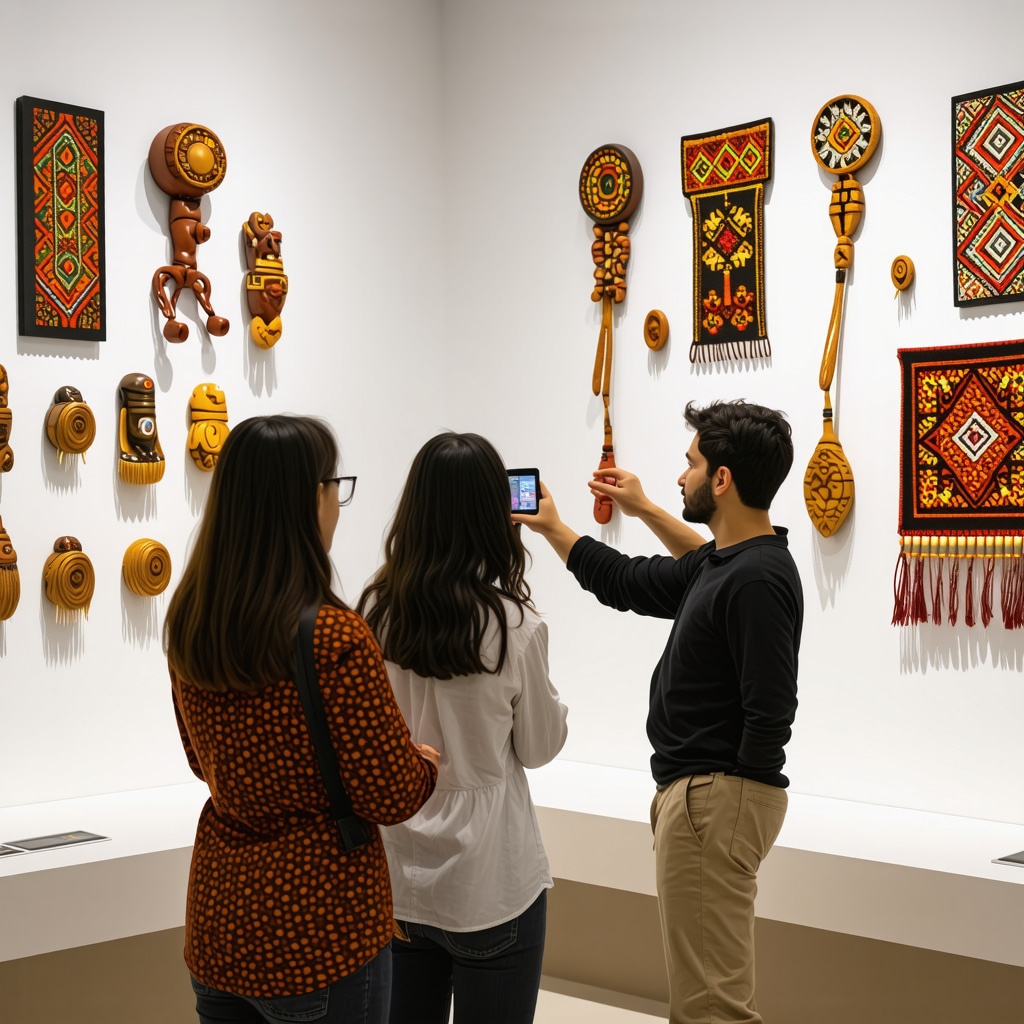 Visitors interacting with augmented reality displays of traditional Bulgarian crafts in a museum in Gabrovo