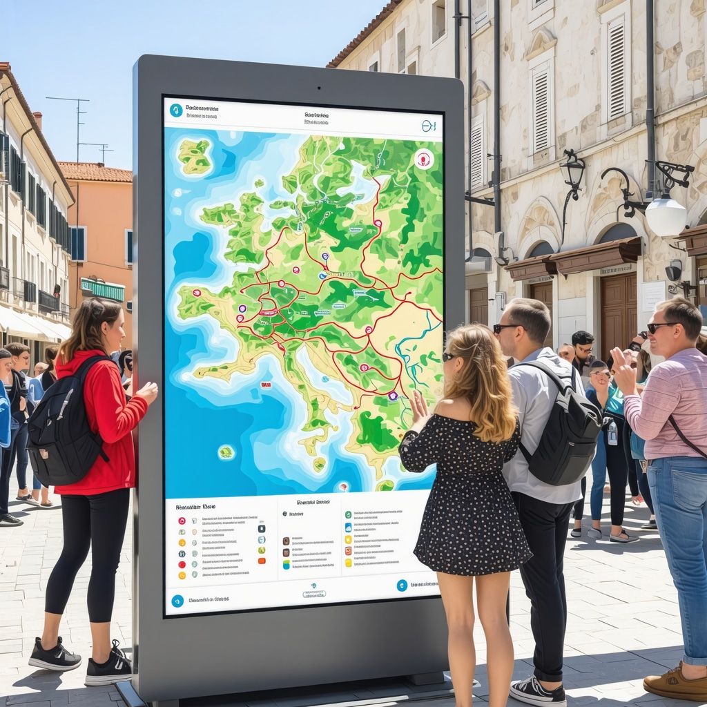Tourists and local guides using an interactive digital map kiosk in Rovinj historic center to explore sustainable tourism options.