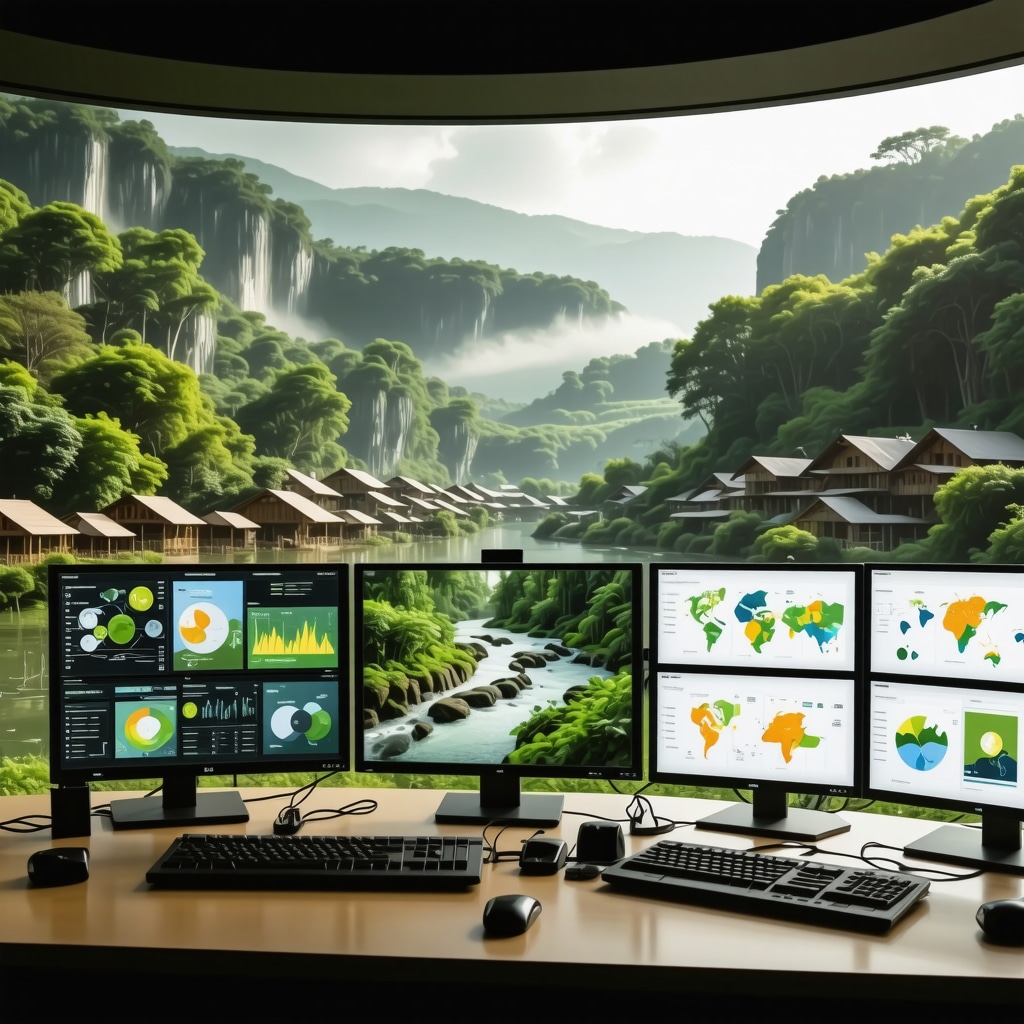 Digital control room with ecological and tourism data screens overlooking spa town and natural surroundings