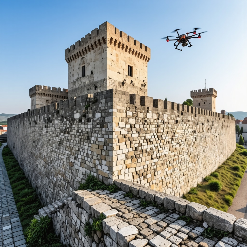 Smederevo Fortress with digital 3D scan overlay and drones inspecting walls for conservation