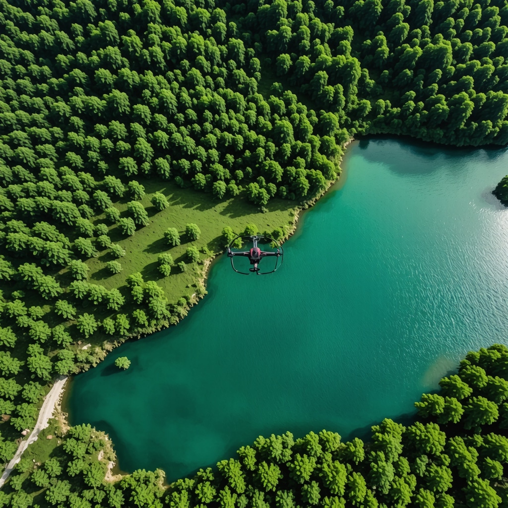 Drone flying over lush green Skadar National Park with visible ecological sensors