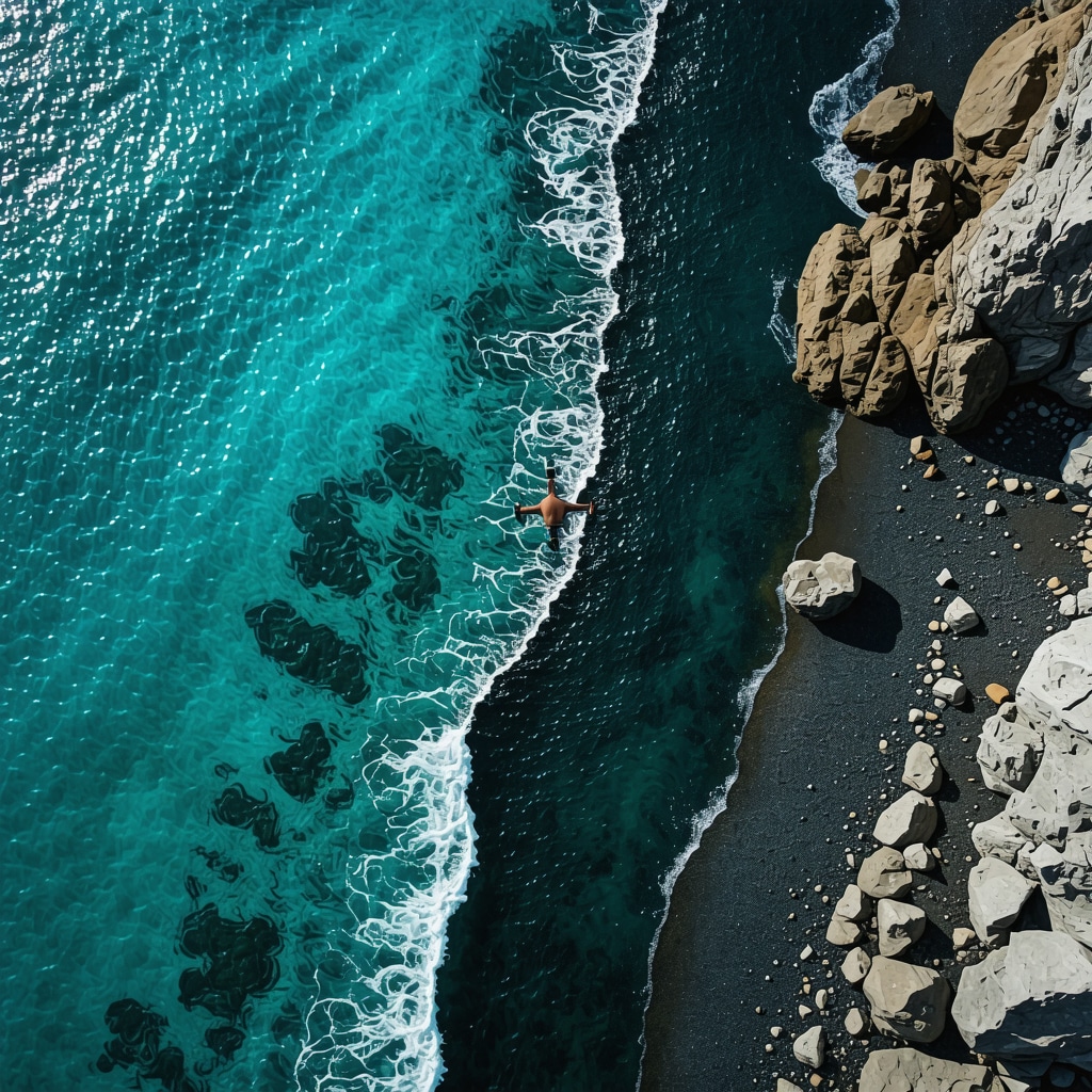 Drone equipped with sensors flying above Santorini's volcanic black sand beaches monitoring ecosystem health