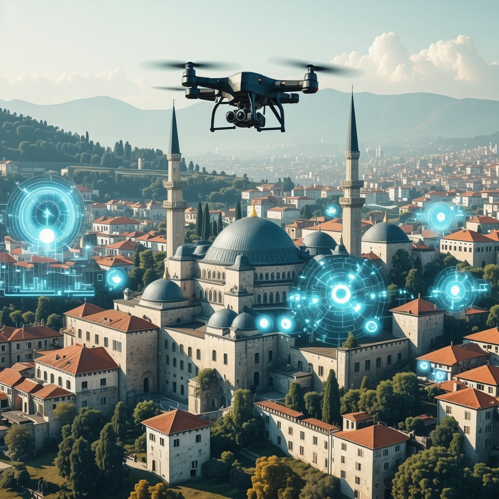 Drone capturing aerial view of Ottoman architecture in Bursa with digital monitoring data overlay