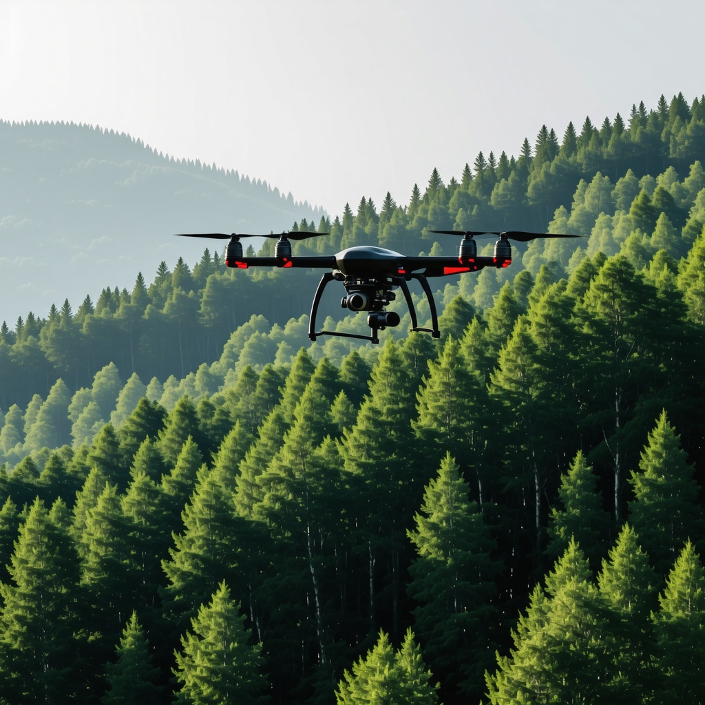 Drone equipped with thermal and multispectral sensors flying over dense forest in Tara Mountains for wildlife monitoring