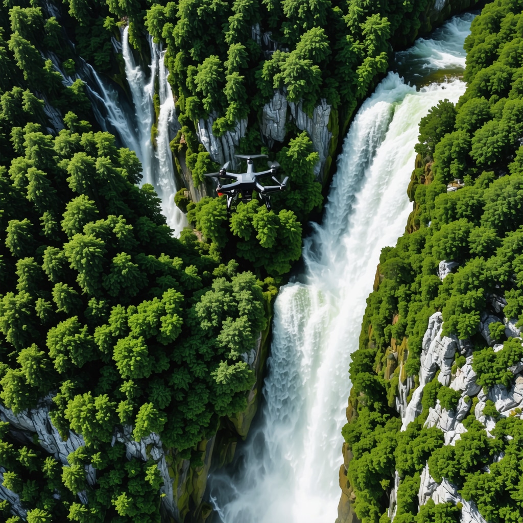 Drone flying above green forest and waterfalls in Krka National Park for ecological monitoring