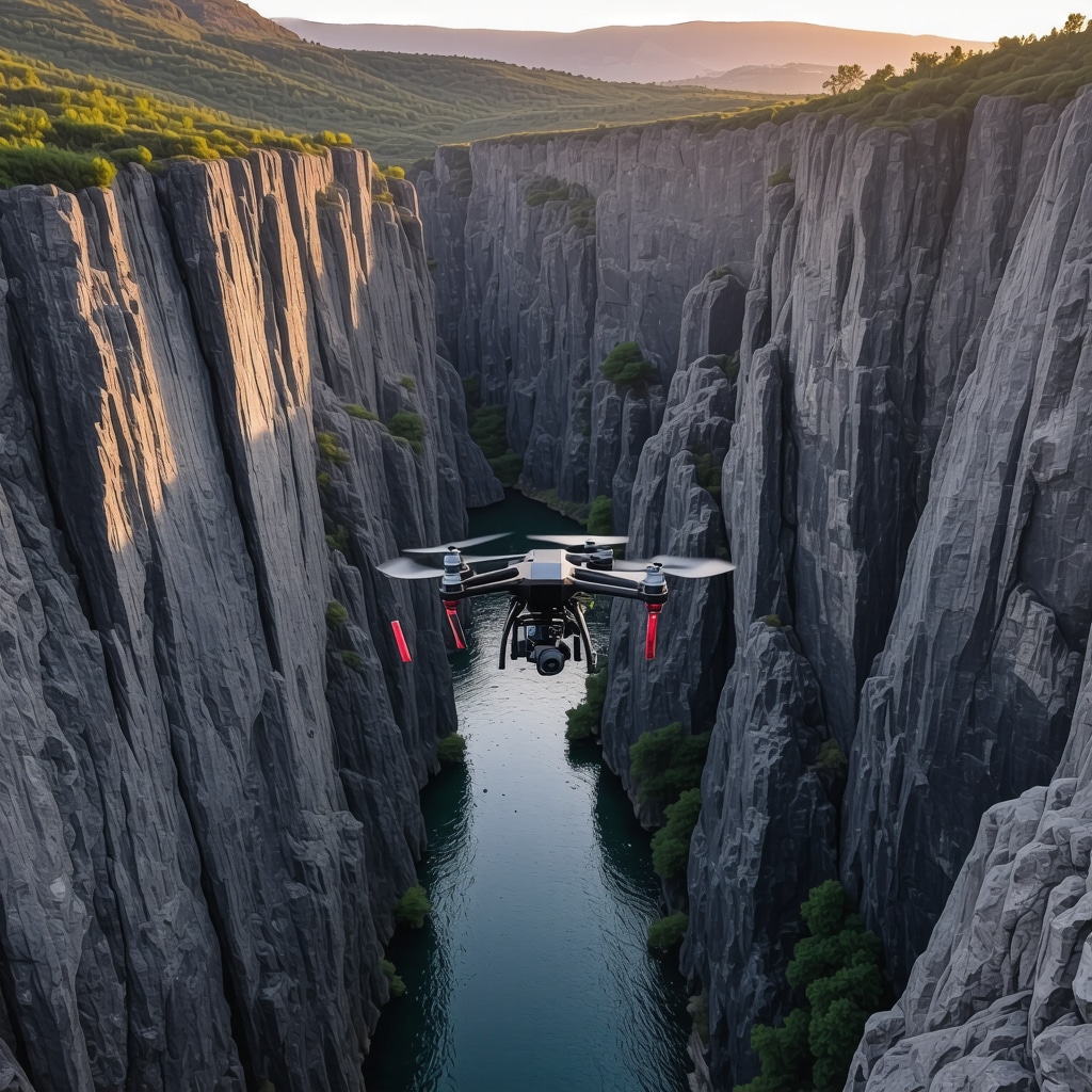 Drone flying over Matka Canyon capturing environmental data with cliffs and water visible