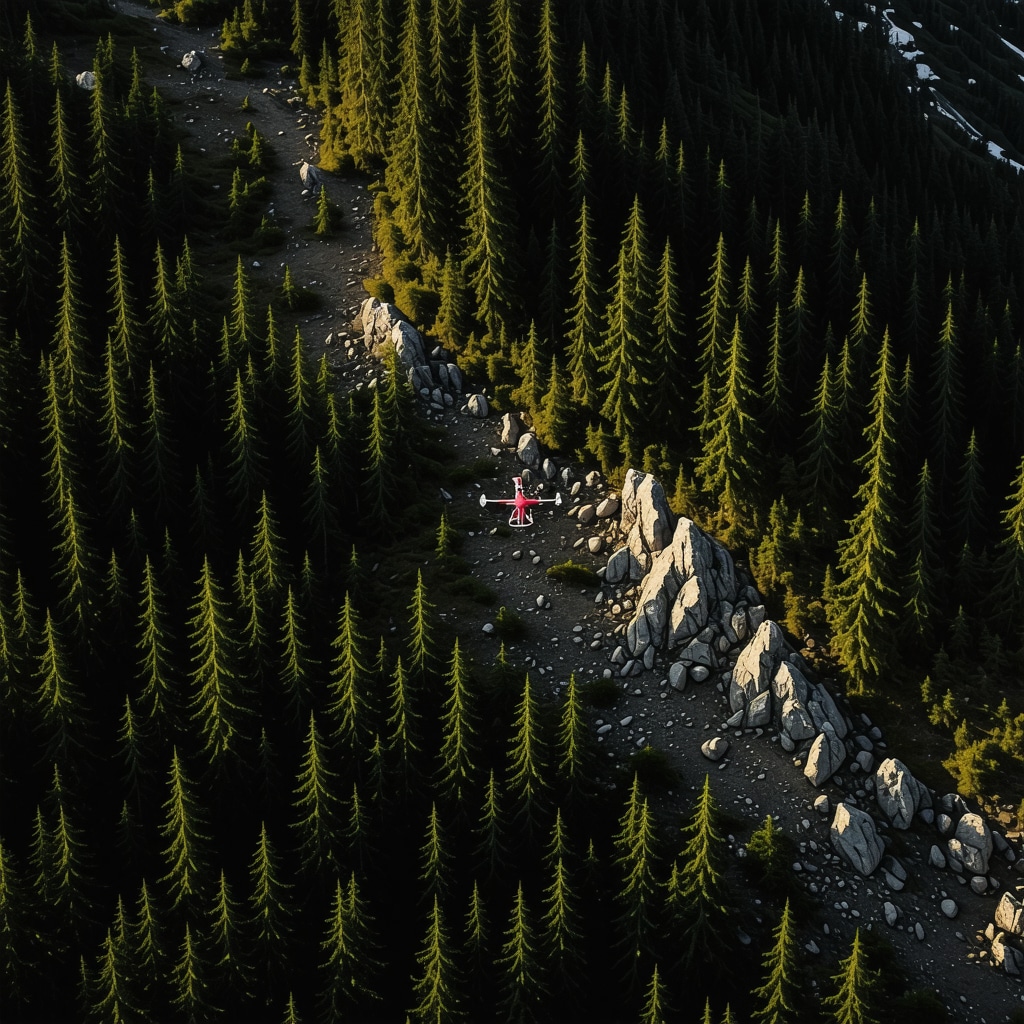 Drone equipped with multispectral sensors flying over alpine forest and rocky terrain in Bucegi Mountains near Sinaia
