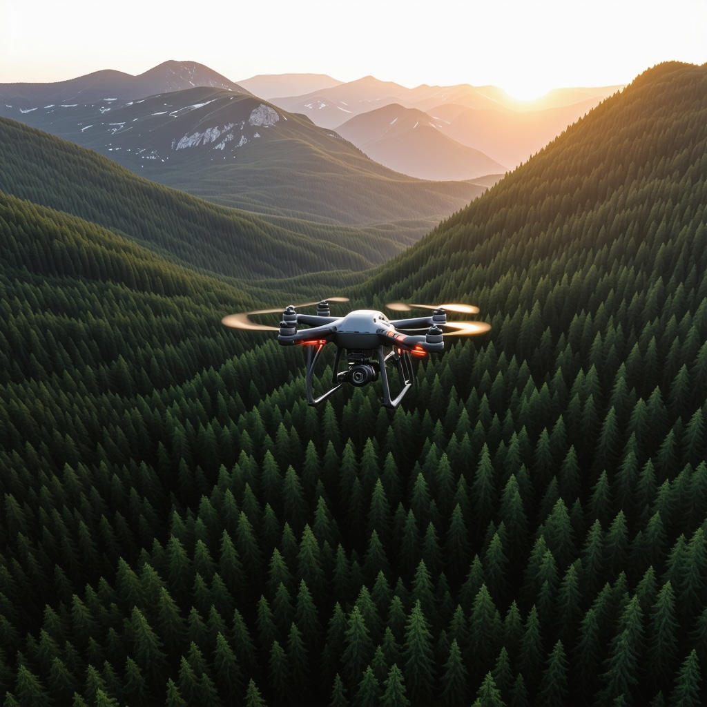 Drone equipped with multispectral camera flying over mountainous forest landscape in Durmitor National Park Montenegro