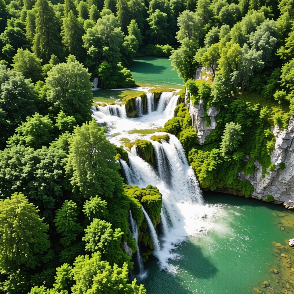Drones flying over waterfalls and forests in Plitvice Lakes National Park for environmental monitoring