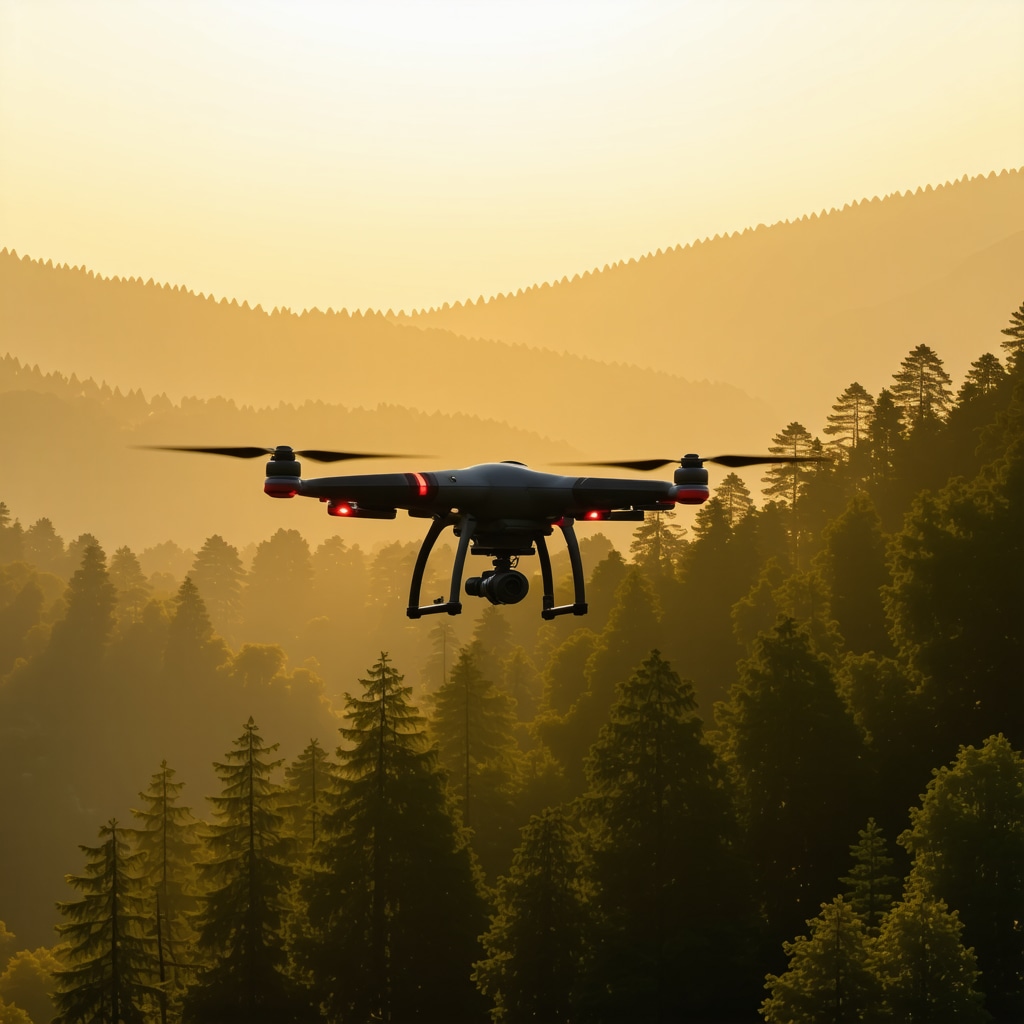 Drone equipped with sensors flying over dense forest landscape in Pljevlja region