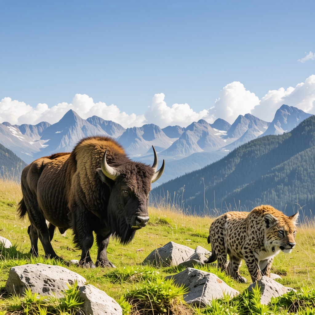 Panoramic landscape of Durmitor Mountains with Eurasian lynx and European bison illustrating conservation and ecotourism