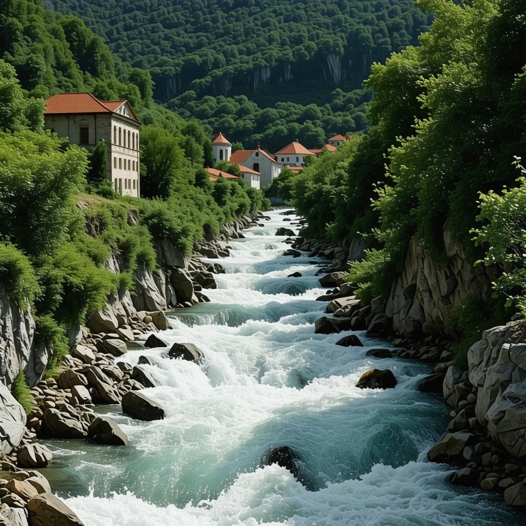 Peisaj natural și cultural în Banja Luka cu turiști folosind tehnologie AR pentru explorare