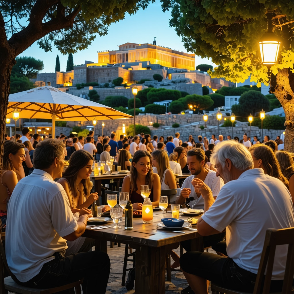 Traditional Greek taverna with people dining and Acropolis lit up at night in Athens