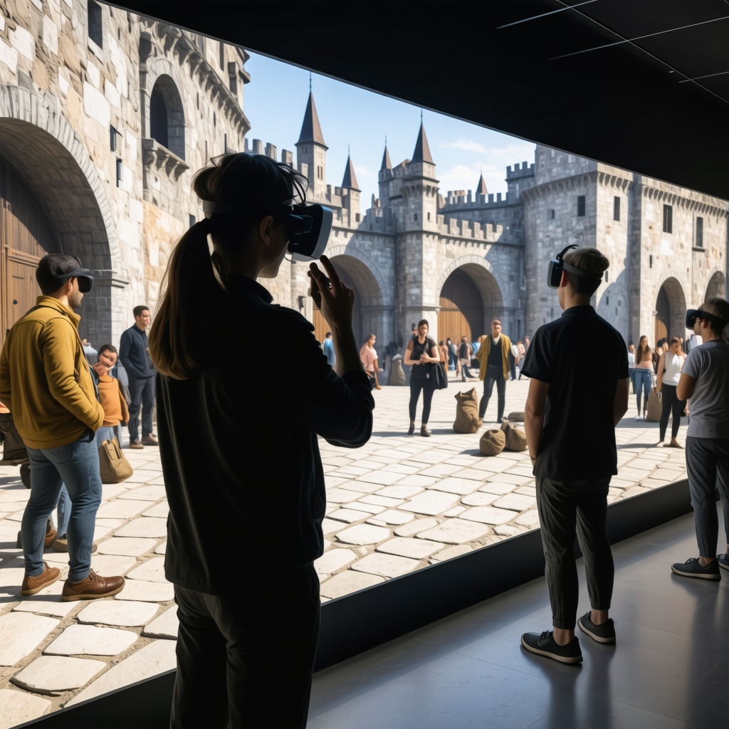 Visitors using augmented reality devices in Ptuj Castle exploring medieval historical reconstructions