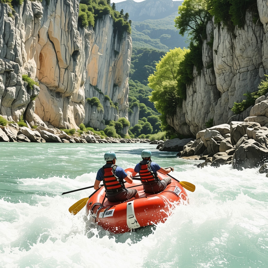 Expert adventurer maneuvering white-water rafting rapid in Cetina River canyon near Omiš