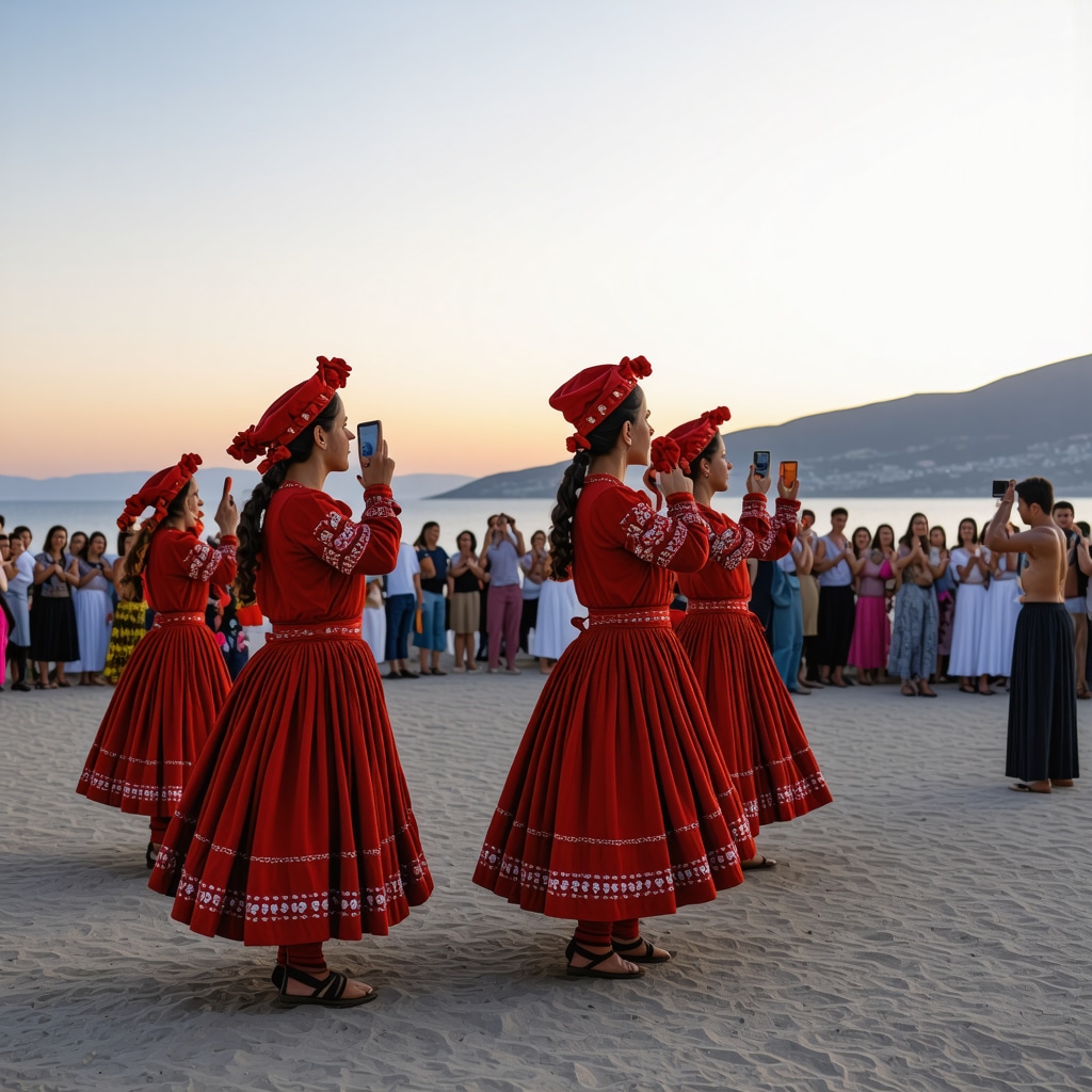 Traditional Albanian dancers performing at Vlorë festival with AR digital overlays and engaged visitors