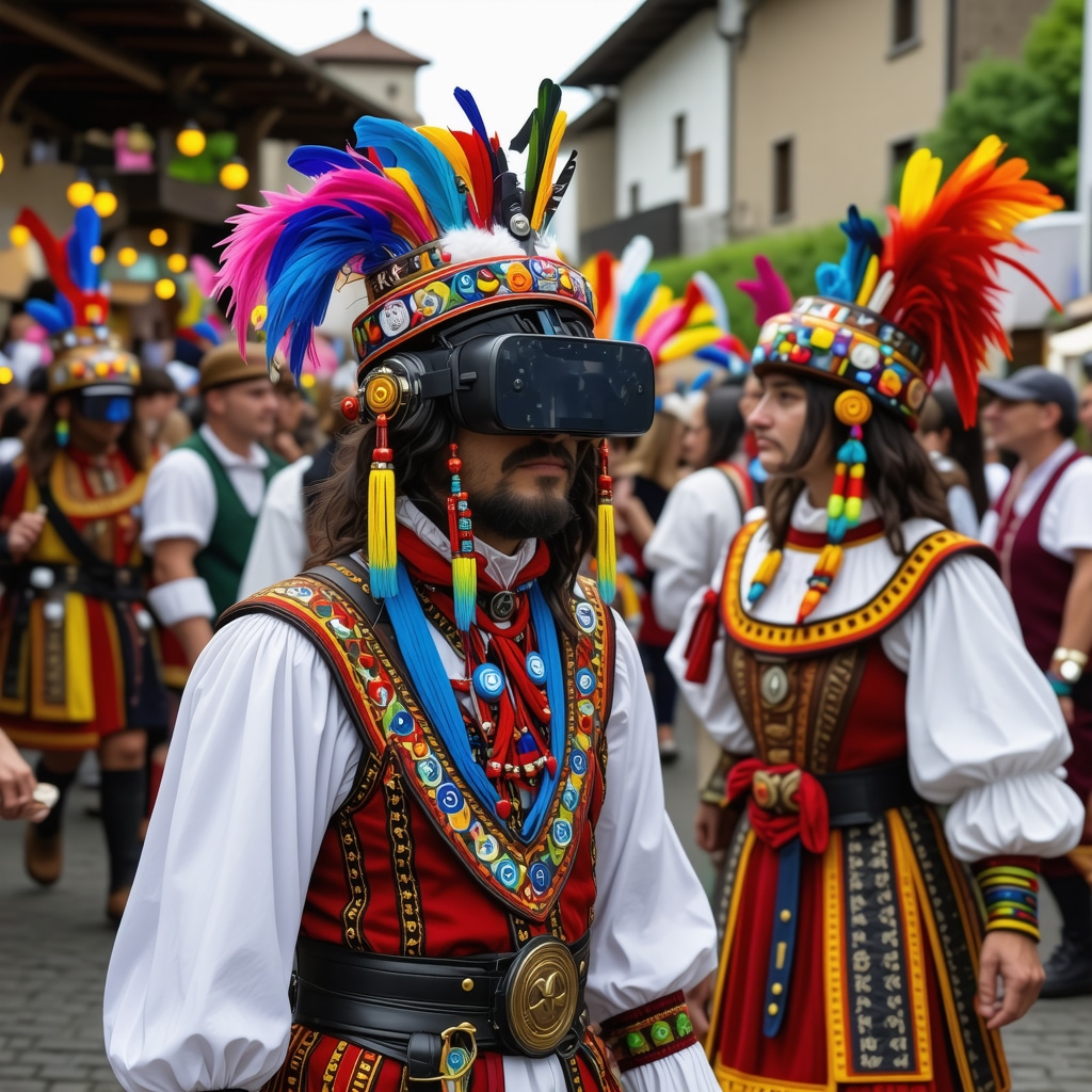 Imagine ilustrativă a unui festival cultural în Tutin cu elemente de realitate augmentată și costume tradiționale balcanice