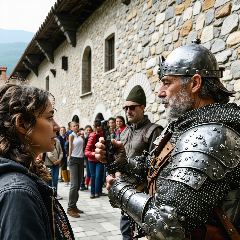 Participanți la festival în Jajce folosind tehnologii digitale în decorul cetății medievale
